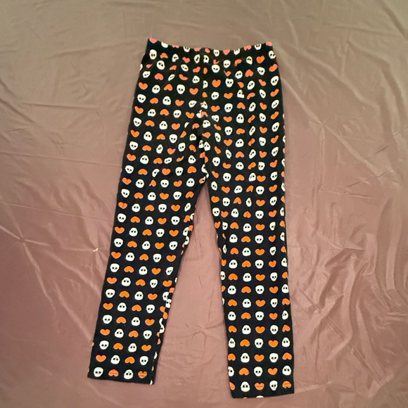 Girls Heart/Skull Print Leggings - Black/Orange Size Medium(7/8) - Picture 3 of 6